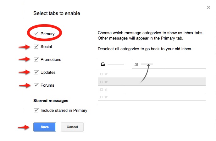 gmail inbox tabs customization screen